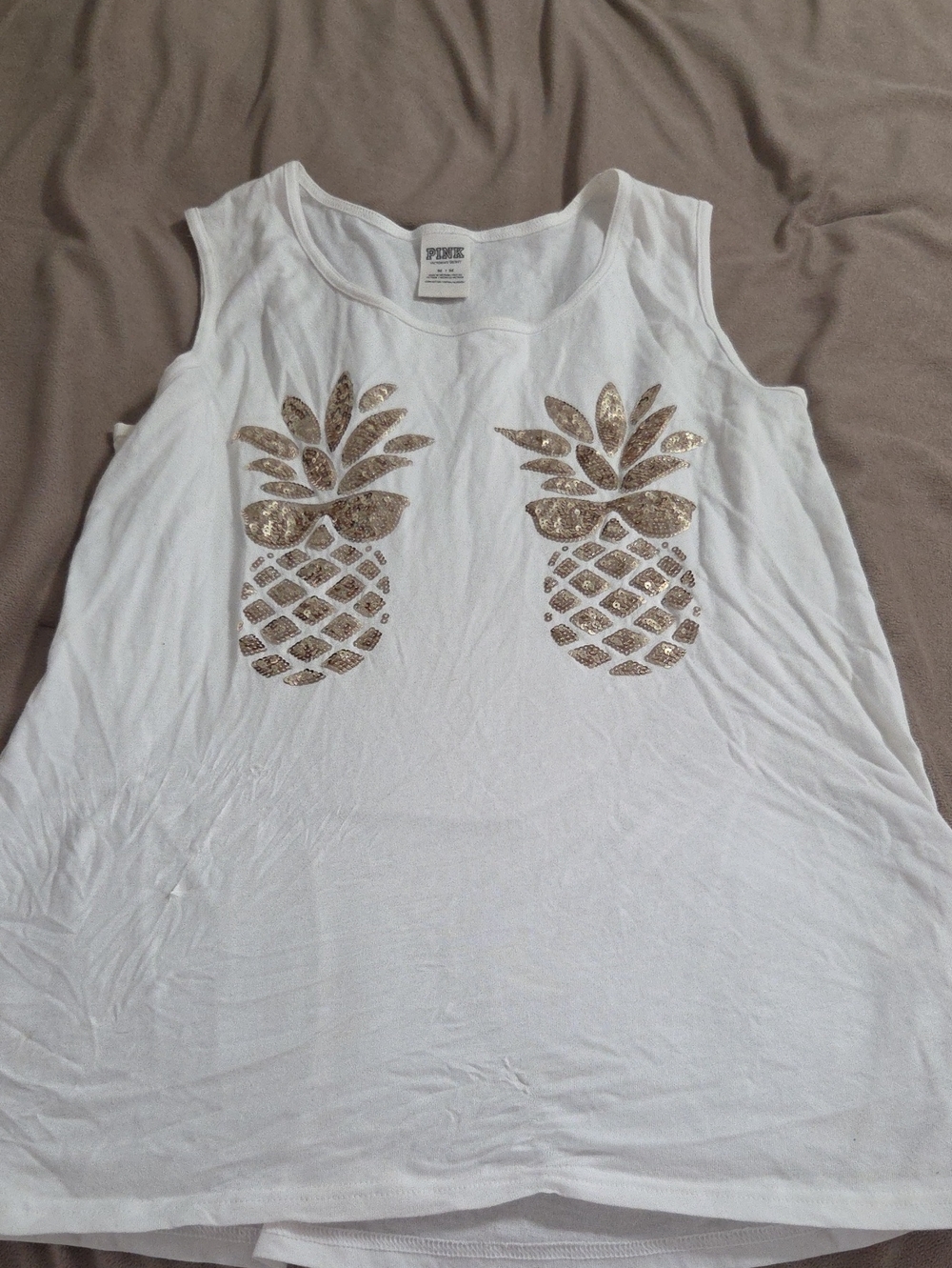 PINK Victoria's Secret White Tank with Gold Sequin Pineapples